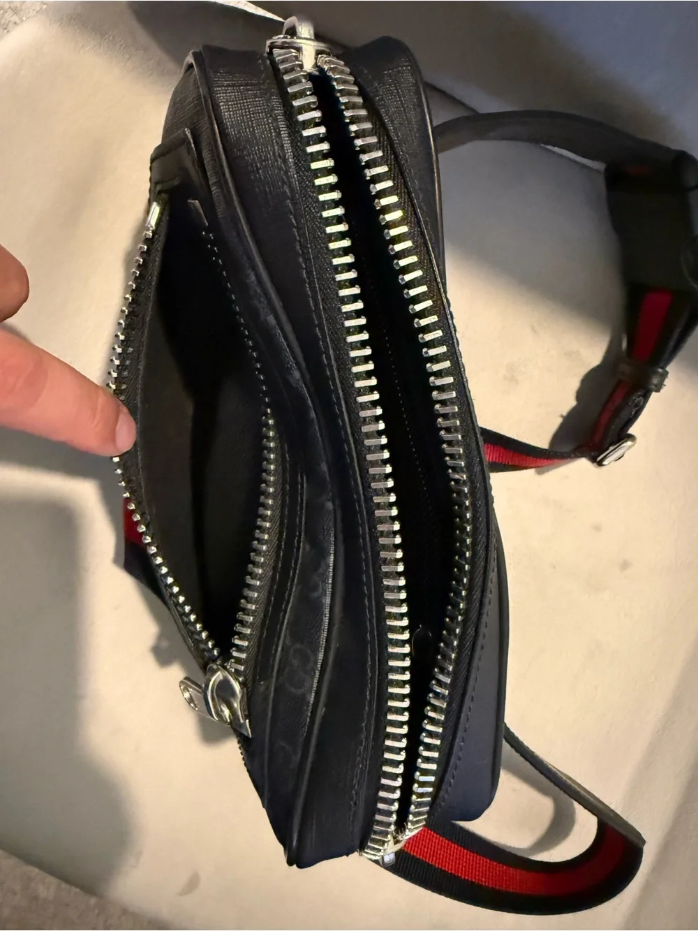 Gucci Black GG Supreme Belt Bag with Red & Blue Web Strap